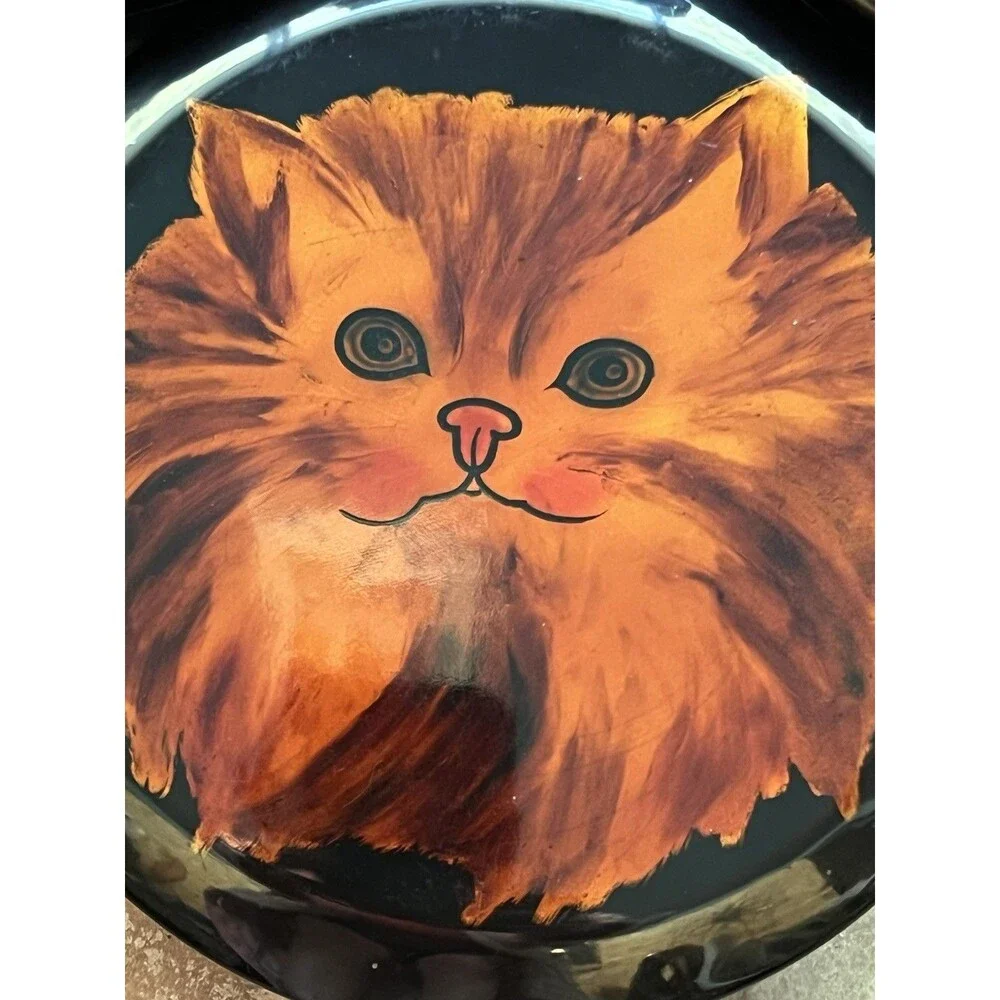 Vintage Wood Black Lacquer Set of 3 Large Cat Trinket Boxes Handpainted